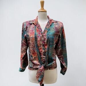 VTG Artsy Patchwork Multi-Print Blouse Sz Md Colorful Tie Front Button Down Top